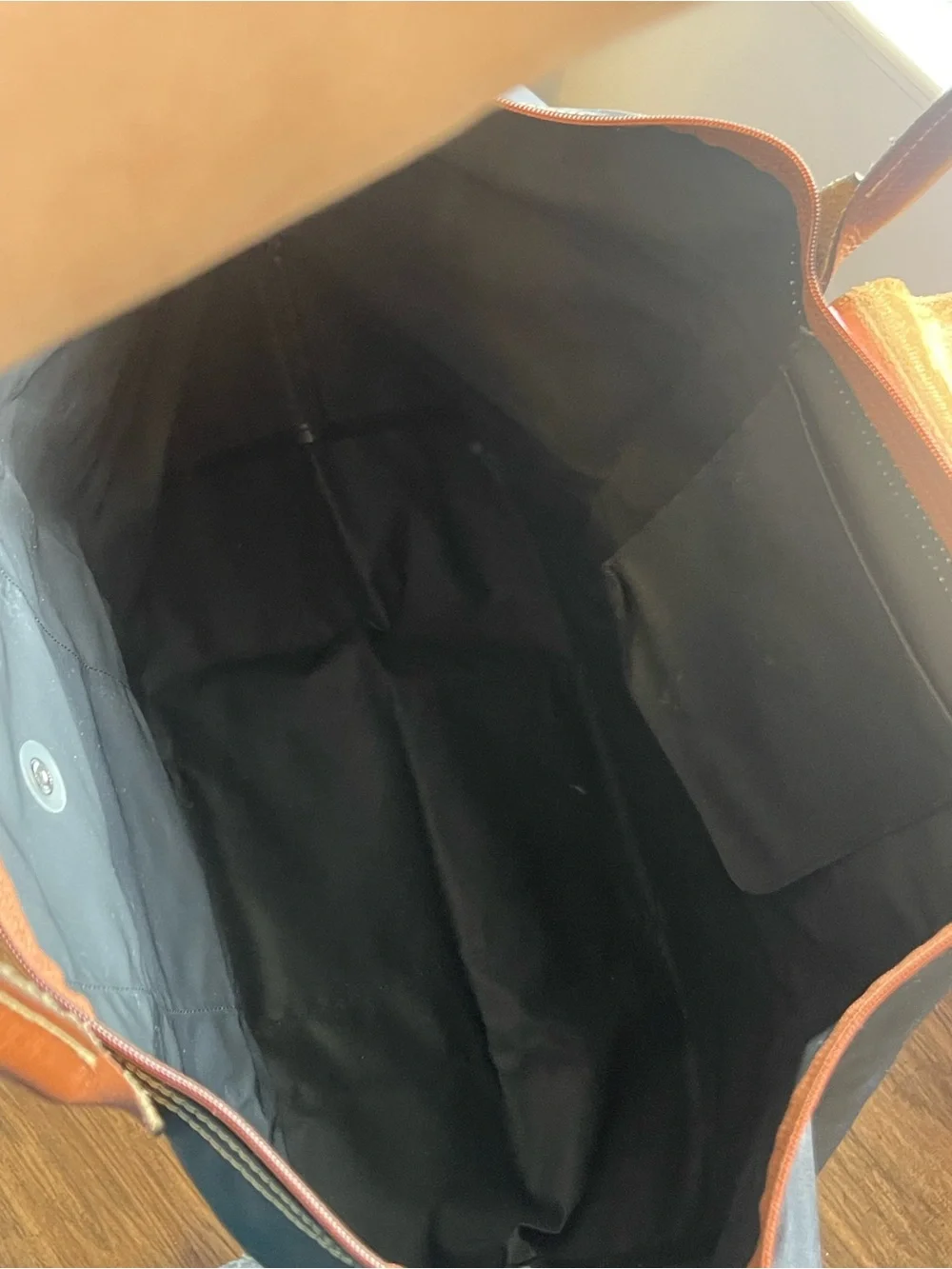 Longchamp Nylon Tote in Black with Pink Center Stripe and Brown Leather Strap